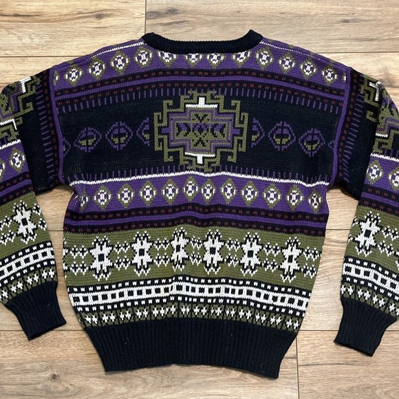 Men’s Todays News Sweater SZ Medium Vintage Purple Black Green Knit - Picture 9 of 9